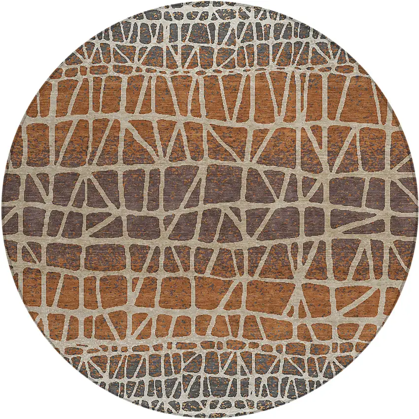 8' Copper Brown And Beige Round Geometric Washable Indoor Outdoor Area Rug Photo 1