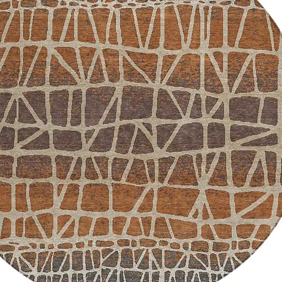 8' Copper Brown And Beige Round Geometric Washable Indoor Outdoor Area Rug Photo 2