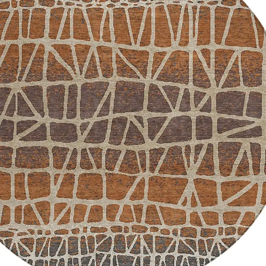8' Copper Brown And Beige Round Geometric Washable Indoor Outdoor Area Rug Photo 2