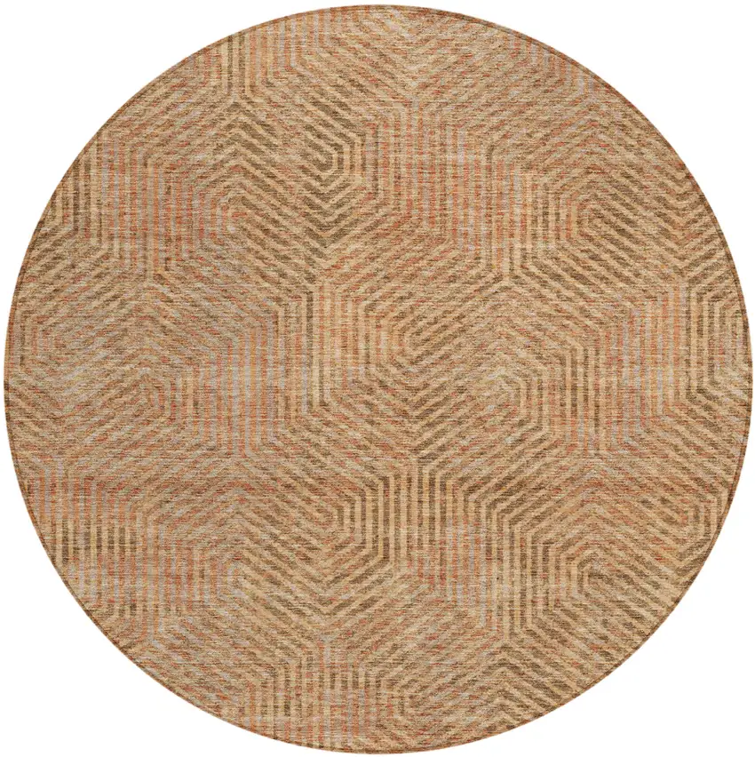 8' Copper Brown And Beige Round Geometric Washable Indoor Outdoor Area Rug Photo 2