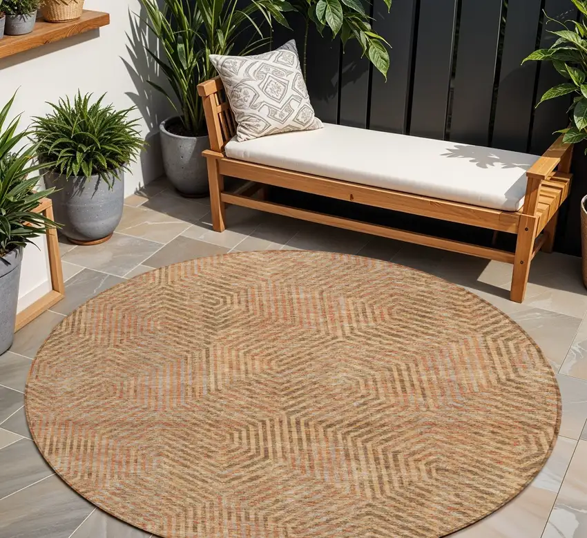 8' Copper Brown And Beige Round Geometric Washable Indoor Outdoor Area Rug Photo 1