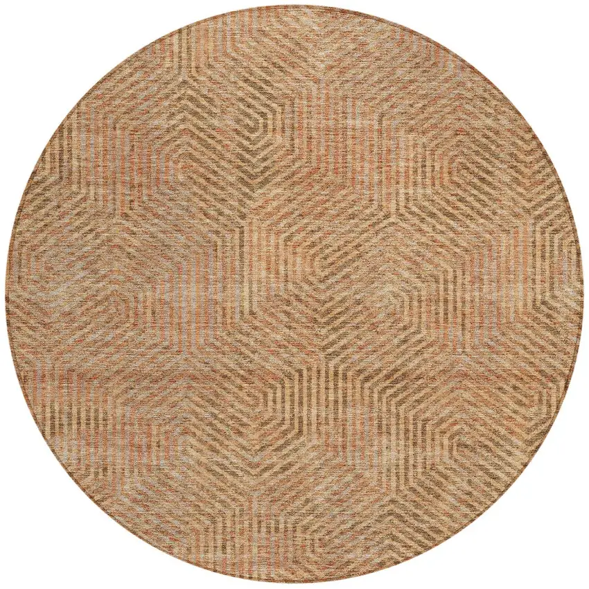 8' Copper Brown And Beige Round Geometric Washable Indoor Outdoor Area Rug Photo 6