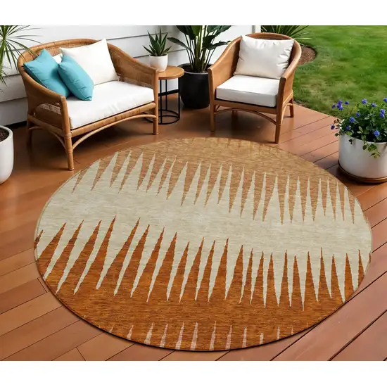 8' Copper Brown And Beige Round Striped Washable Indoor Outdoor Area Rug Photo 1