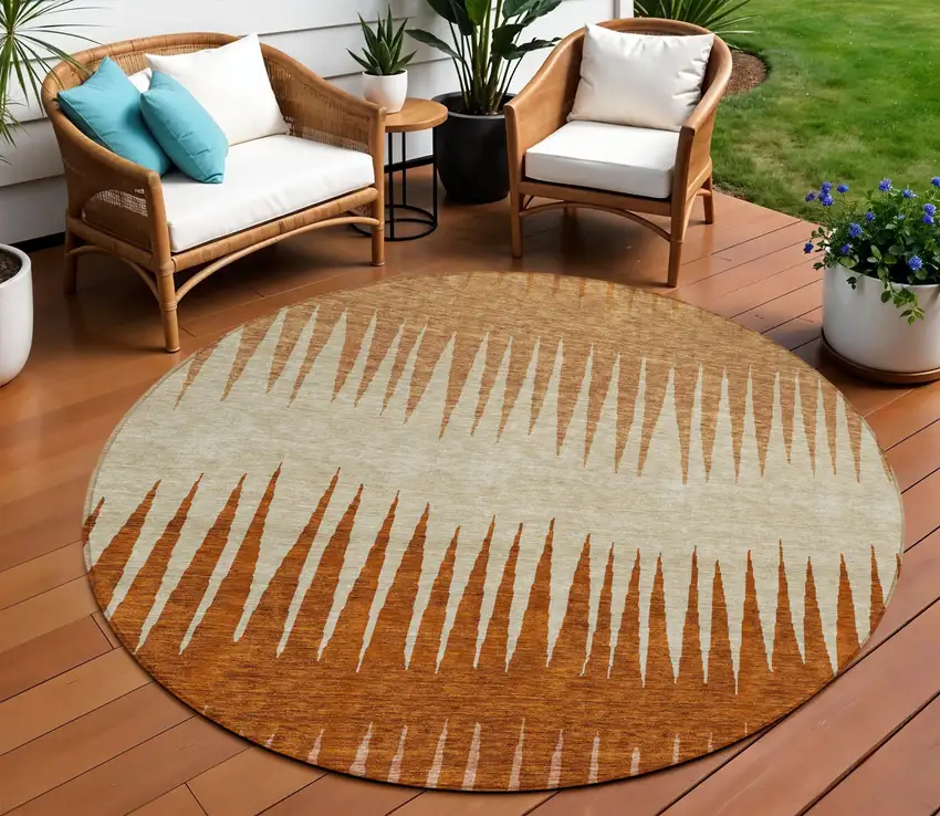 8' Copper Brown And Beige Round Striped Washable Indoor Outdoor Area Rug Photo 1
