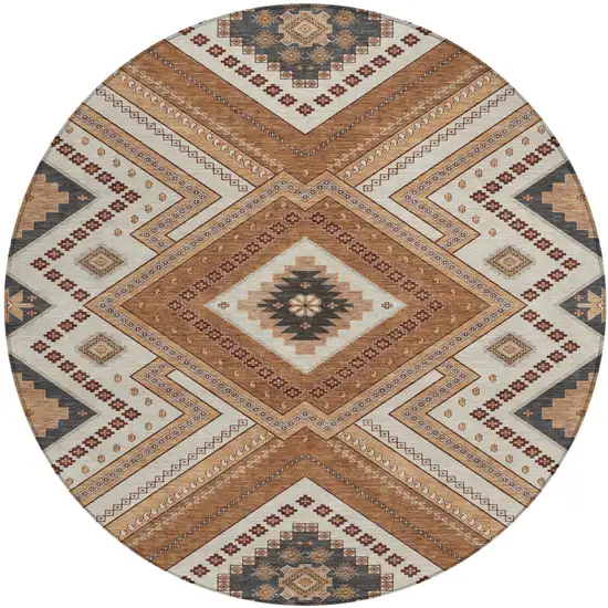 8' Copper Brown And Beige Round Tribal Washable Indoor Outdoor Area Rug Photo 2