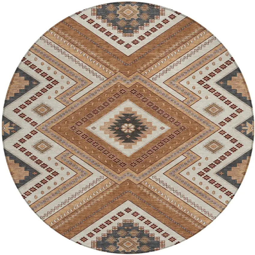8' Copper Brown And Beige Round Tribal Washable Indoor Outdoor Area Rug Photo 2