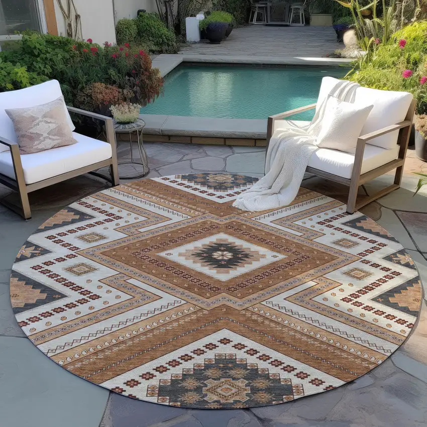 8' Copper Brown And Beige Round Tribal Washable Indoor Outdoor Area Rug Photo 7