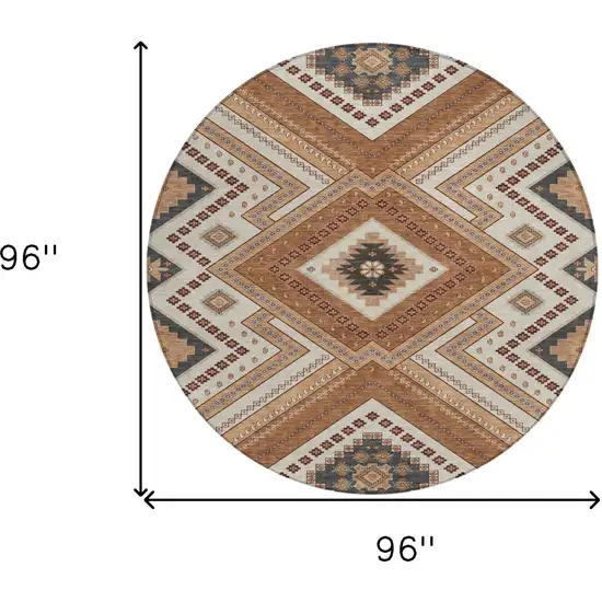 8' Copper Brown And Beige Round Tribal Washable Indoor Outdoor Area Rug Photo 3