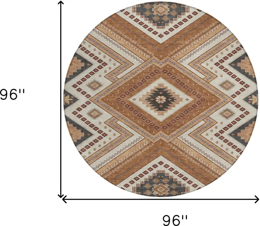 8' Copper Brown And Beige Round Tribal Washable Indoor Outdoor Area Rug Photo 3