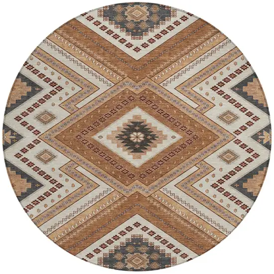 8' Copper Brown And Beige Round Tribal Washable Indoor Outdoor Area Rug Photo 6