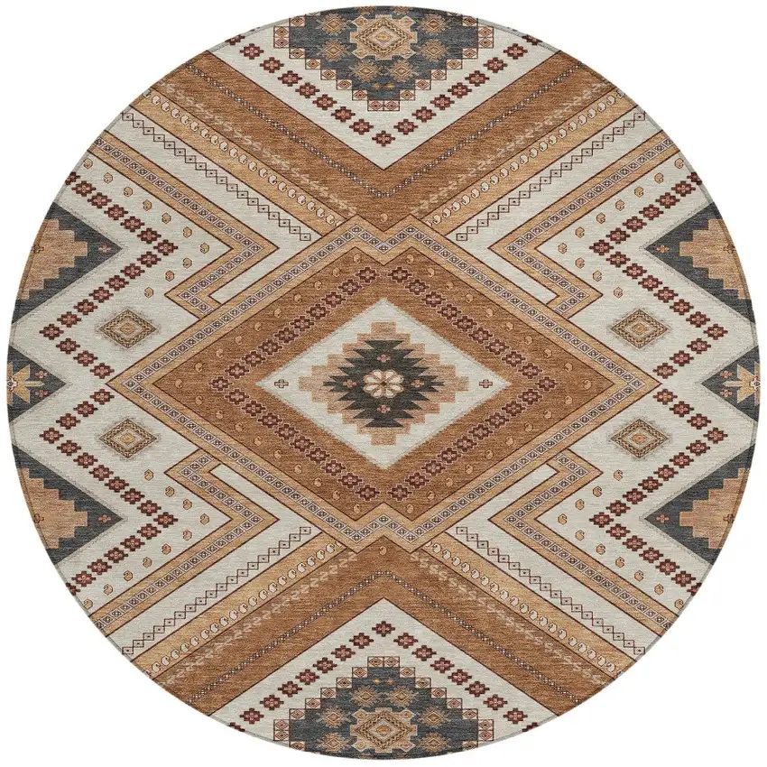 8' Copper Brown And Beige Round Tribal Washable Indoor Outdoor Area Rug Photo 6