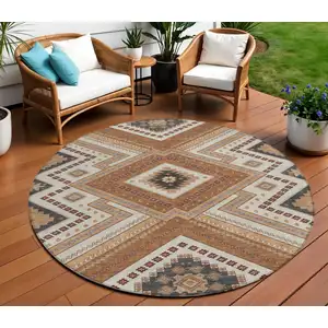 Photo of 8' Copper Brown And Beige Round Tribal Washable Indoor Outdoor Area Rug
