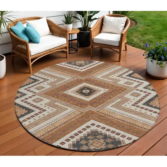 8' Copper Brown And Beige Round Tribal Washable Indoor Outdoor Area Rug Photo 1