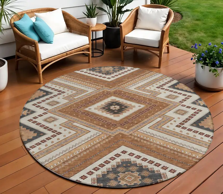 8' Copper Brown And Beige Round Tribal Washable Indoor Outdoor Area Rug Photo 1