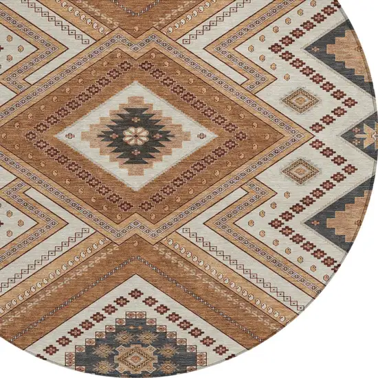 8' Copper Brown And Beige Round Tribal Washable Indoor Outdoor Area Rug Photo 4