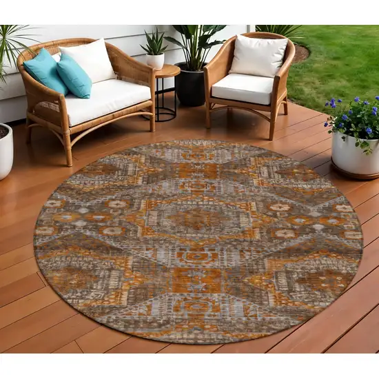 8' Copper Brown And Gray Round Moroccan Washable Indoor Outdoor Area Rug Photo 2