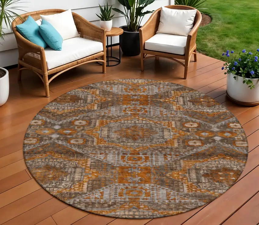 8' Copper Brown And Gray Round Moroccan Washable Indoor Outdoor Area Rug Photo 2