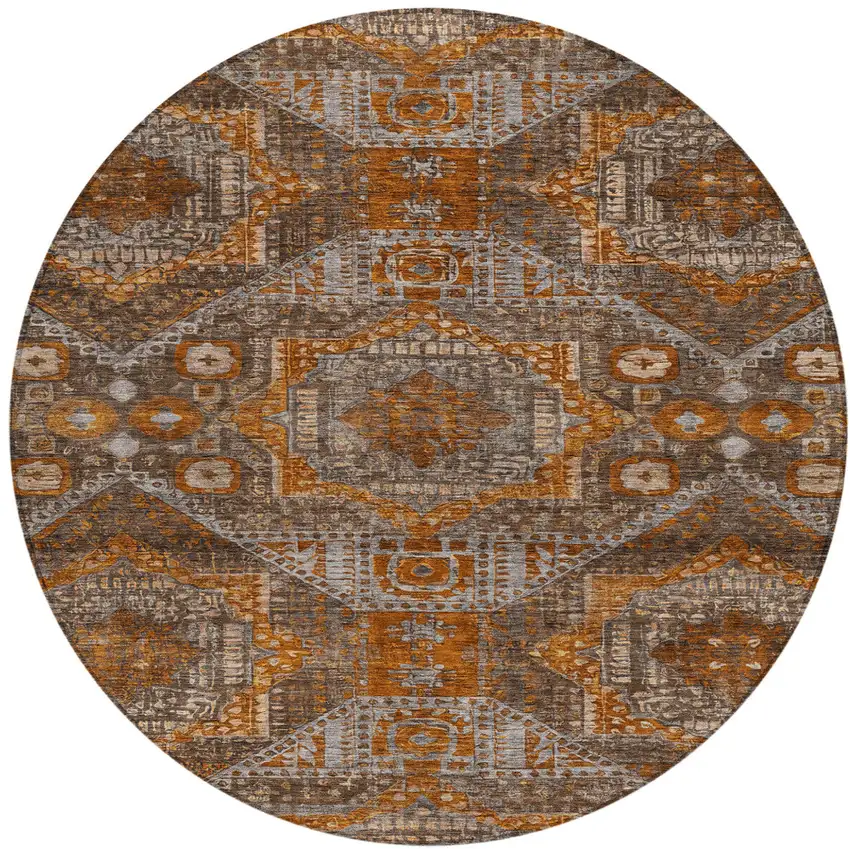 8' Copper Brown And Gray Round Moroccan Washable Indoor Outdoor Area Rug Photo 1