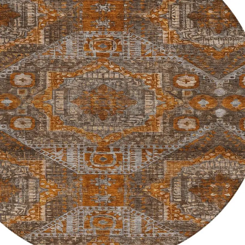 8' Copper Brown And Gray Round Moroccan Washable Indoor Outdoor Area Rug Photo 4