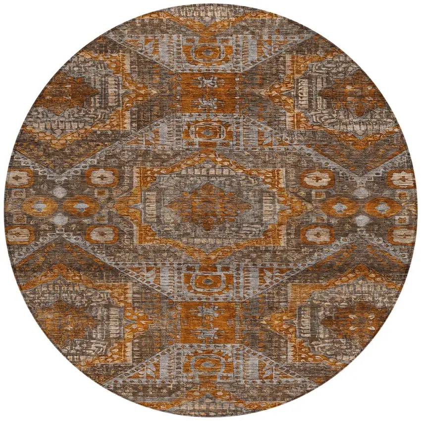 8' Copper Brown And Gray Round Moroccan Washable Indoor Outdoor Area Rug Photo 3