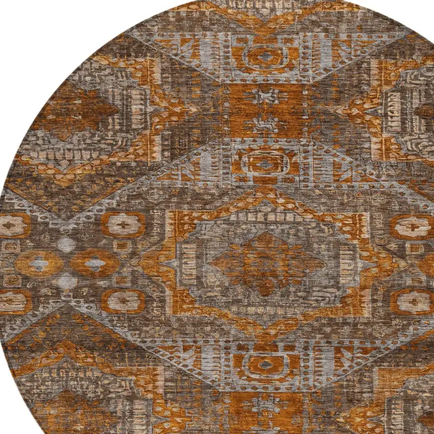 8' Copper Brown And Gray Round Moroccan Washable Indoor Outdoor Area Rug Photo 9