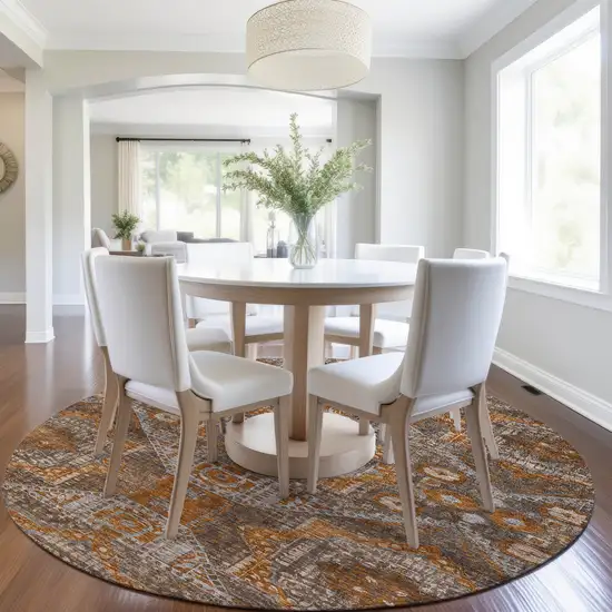 8' Copper Brown And Gray Round Moroccan Washable Indoor Outdoor Area Rug Photo 6