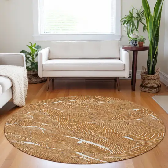 8' Copper Brown And Ivory Round Abstract Washable Indoor Outdoor Area Rug Photo 9