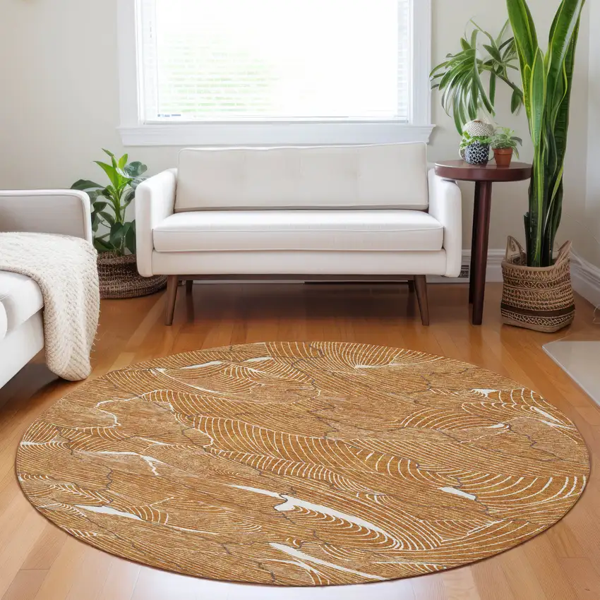 8' Copper Brown And Ivory Round Abstract Washable Indoor Outdoor Area Rug Photo 9