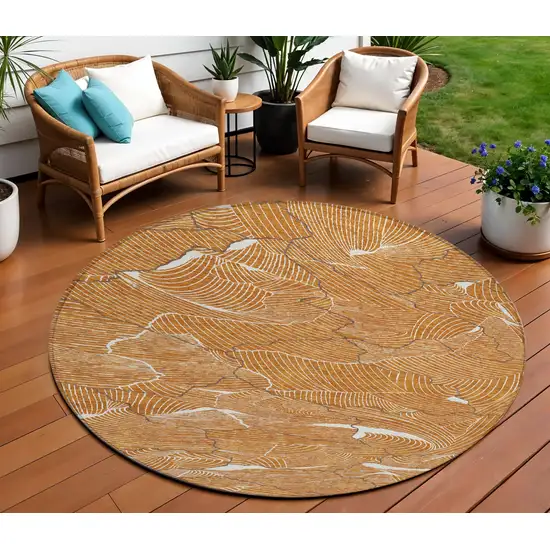 8' Copper Brown And Ivory Round Abstract Washable Indoor Outdoor Area Rug Photo 1