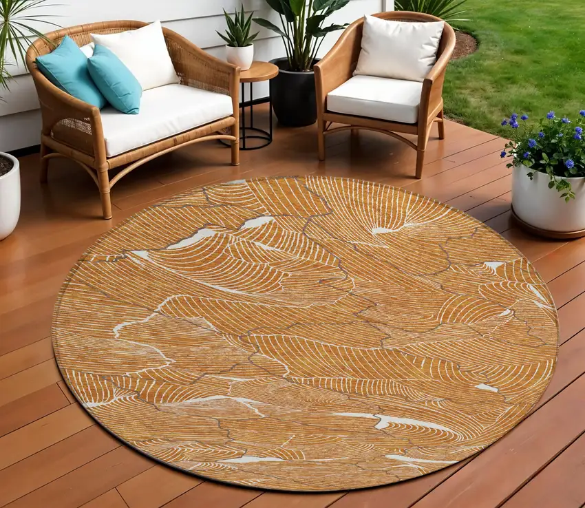8' Copper Brown And Ivory Round Abstract Washable Indoor Outdoor Area Rug Photo 1