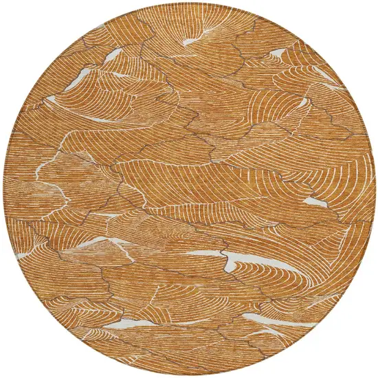 8' Copper Brown And Ivory Round Abstract Washable Indoor Outdoor Area Rug Photo 7