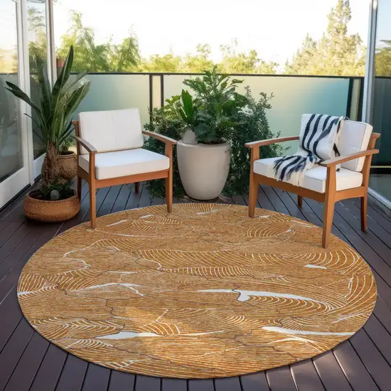 8' Copper Brown And Ivory Round Abstract Washable Indoor Outdoor Area Rug Photo 8