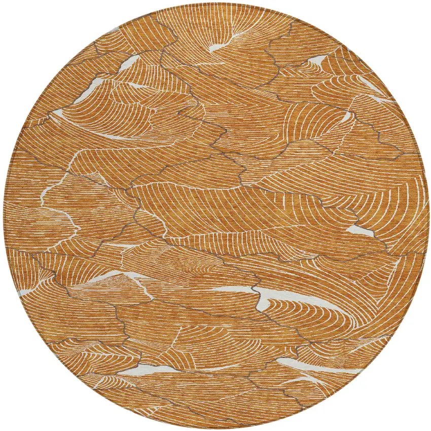 8' Copper Brown And Ivory Round Abstract Washable Indoor Outdoor Area Rug Photo 2