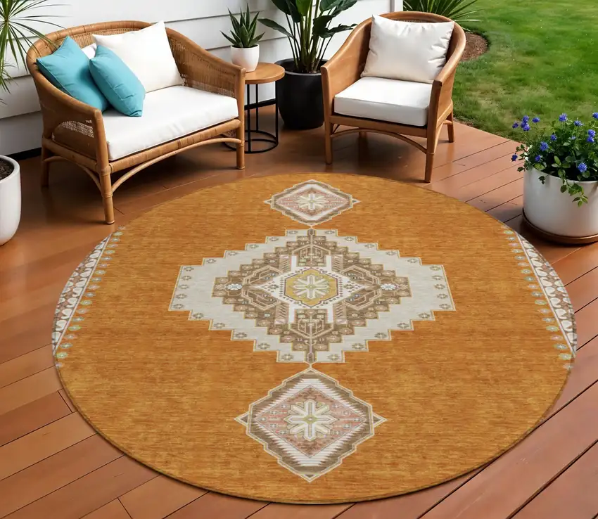 8' Copper Brown And Ivory Round Oriental Washable Indoor Outdoor Area Rug Photo 1