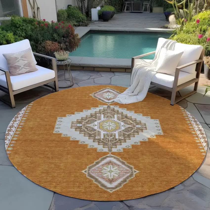 8' Copper Brown And Ivory Round Oriental Washable Indoor Outdoor Area Rug Photo 7
