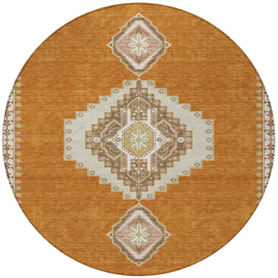 8' Copper Brown And Ivory Round Oriental Washable Indoor Outdoor Area Rug Photo 5