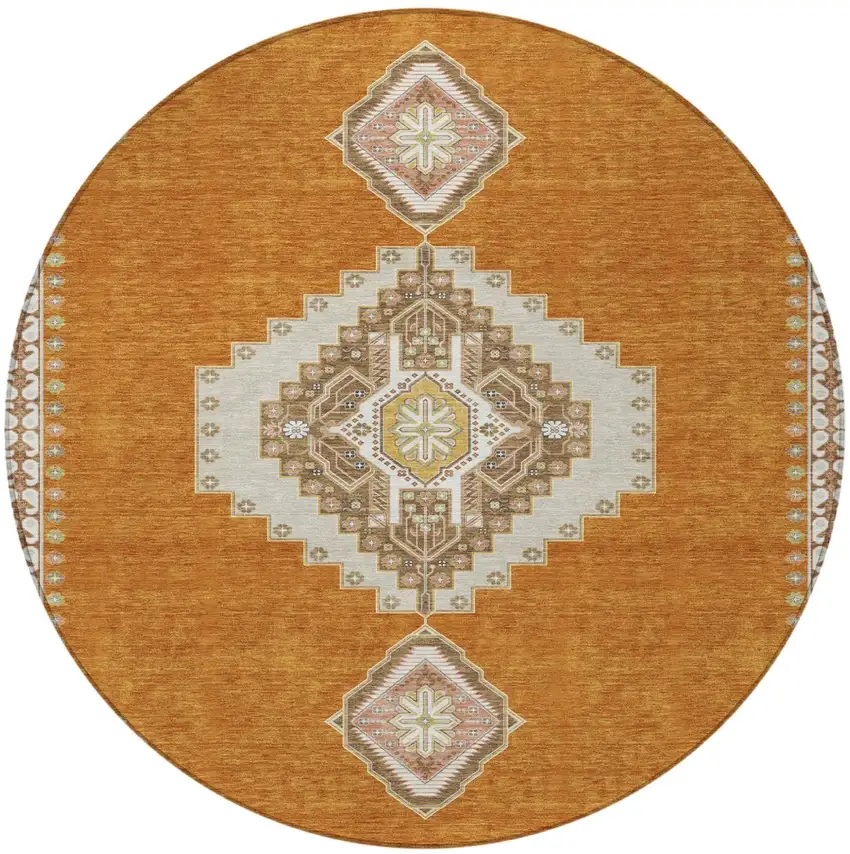 8' Copper Brown And Ivory Round Oriental Washable Indoor Outdoor Area Rug Photo 5