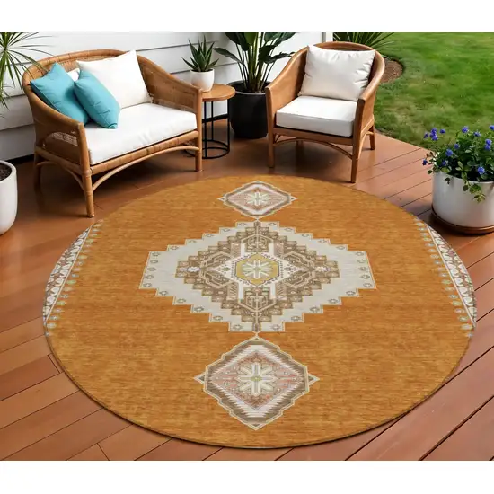 8' Copper Brown And Ivory Round Oriental Washable Indoor Outdoor Area Rug Photo 1