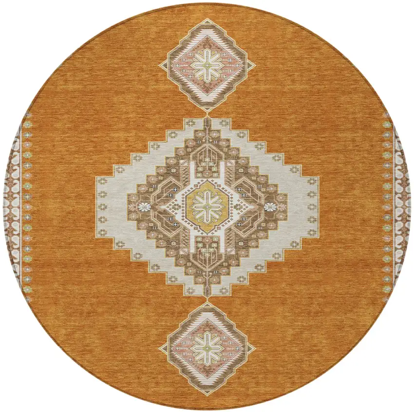 8' Copper Brown And Ivory Round Oriental Washable Indoor Outdoor Area Rug Photo 6