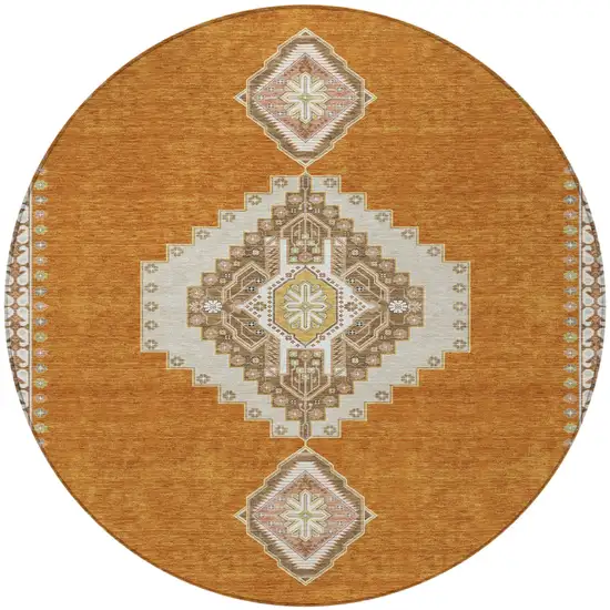 8' Copper Brown And Ivory Round Oriental Washable Indoor Outdoor Area Rug Photo 6