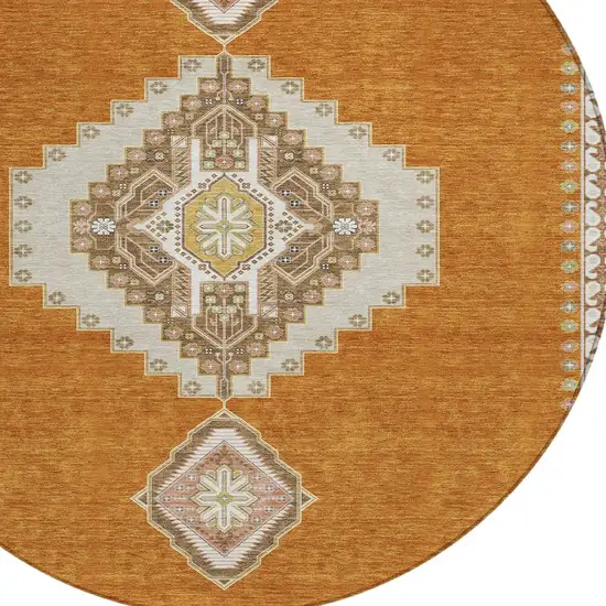 8' Copper Brown And Ivory Round Oriental Washable Indoor Outdoor Area Rug Photo 4