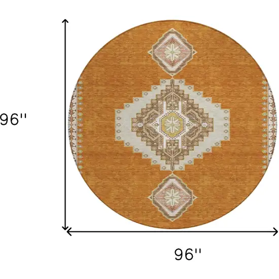 8' Copper Brown And Ivory Round Oriental Washable Indoor Outdoor Area Rug Photo 6