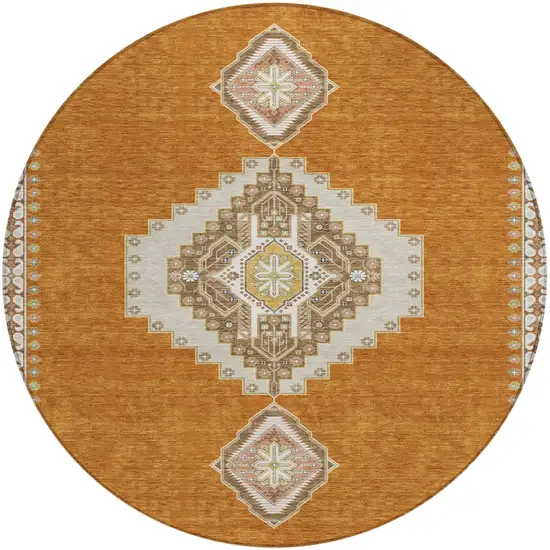 8' Copper Brown And Ivory Round Oriental Washable Indoor Outdoor Area Rug Photo 2