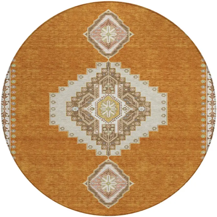 8' Copper Brown And Ivory Round Oriental Washable Indoor Outdoor Area Rug Photo 2