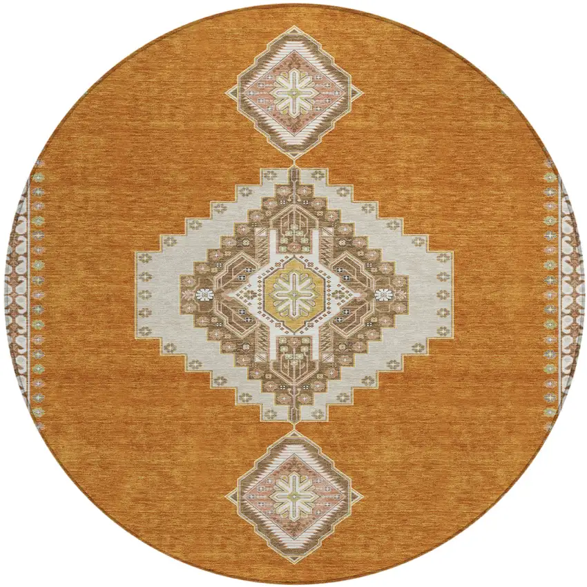 8' Copper Brown And Ivory Round Oriental Washable Indoor Outdoor Area Rug Photo 2