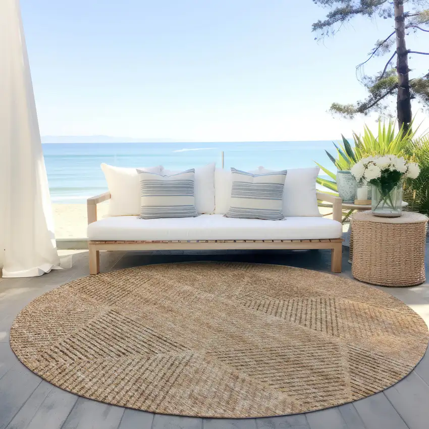 8' Copper Brown And Terra Cotta Round Geometric Washable Indoor Outdoor Area Rug Photo 6