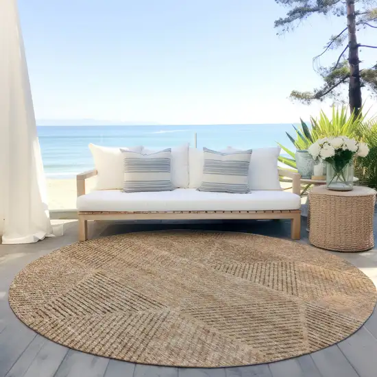 8' Copper Brown And Terra Cotta Round Geometric Washable Indoor Outdoor Area Rug Photo 6