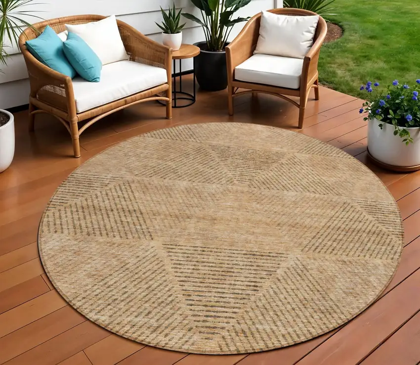 8' Copper Brown And Terra Cotta Round Geometric Washable Indoor Outdoor Area Rug Photo 1