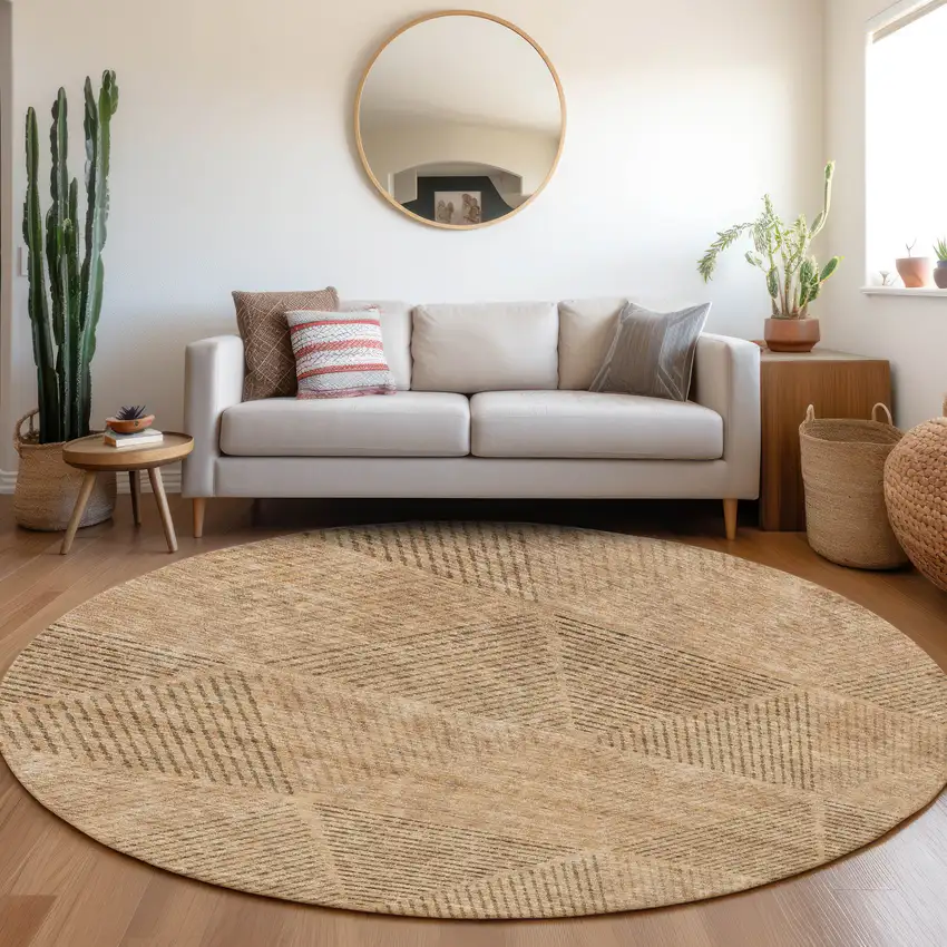 8' Copper Brown And Terra Cotta Round Geometric Washable Indoor Outdoor Area Rug Photo 7