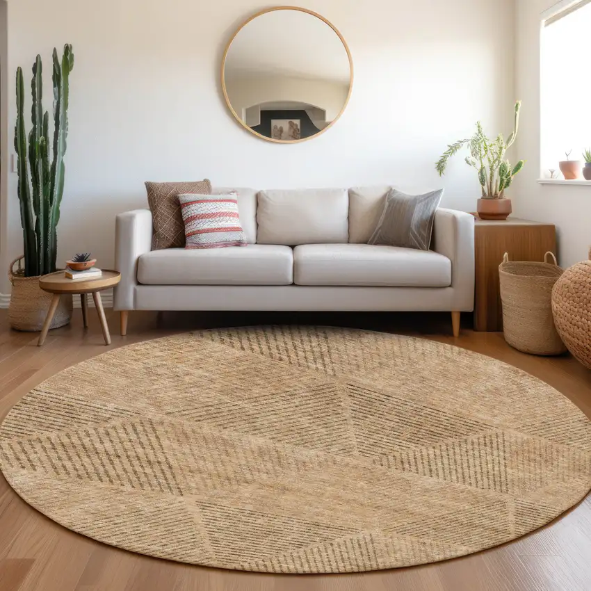 8' Copper Brown And Terra Cotta Round Geometric Washable Indoor Outdoor Area Rug Photo 7